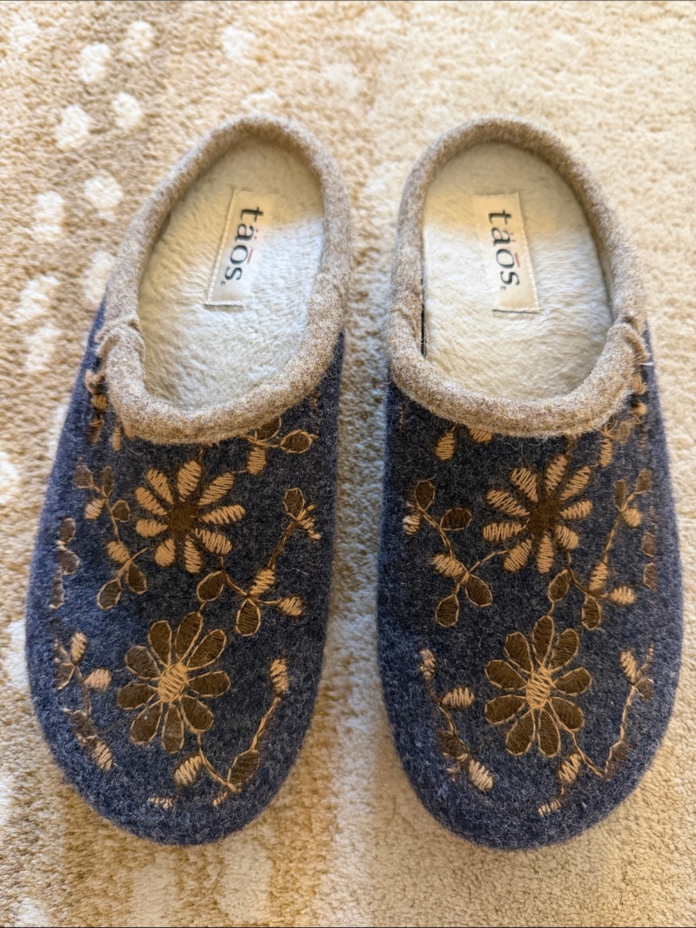 Taos Footwear Blue and Tan Floral Wool Mules